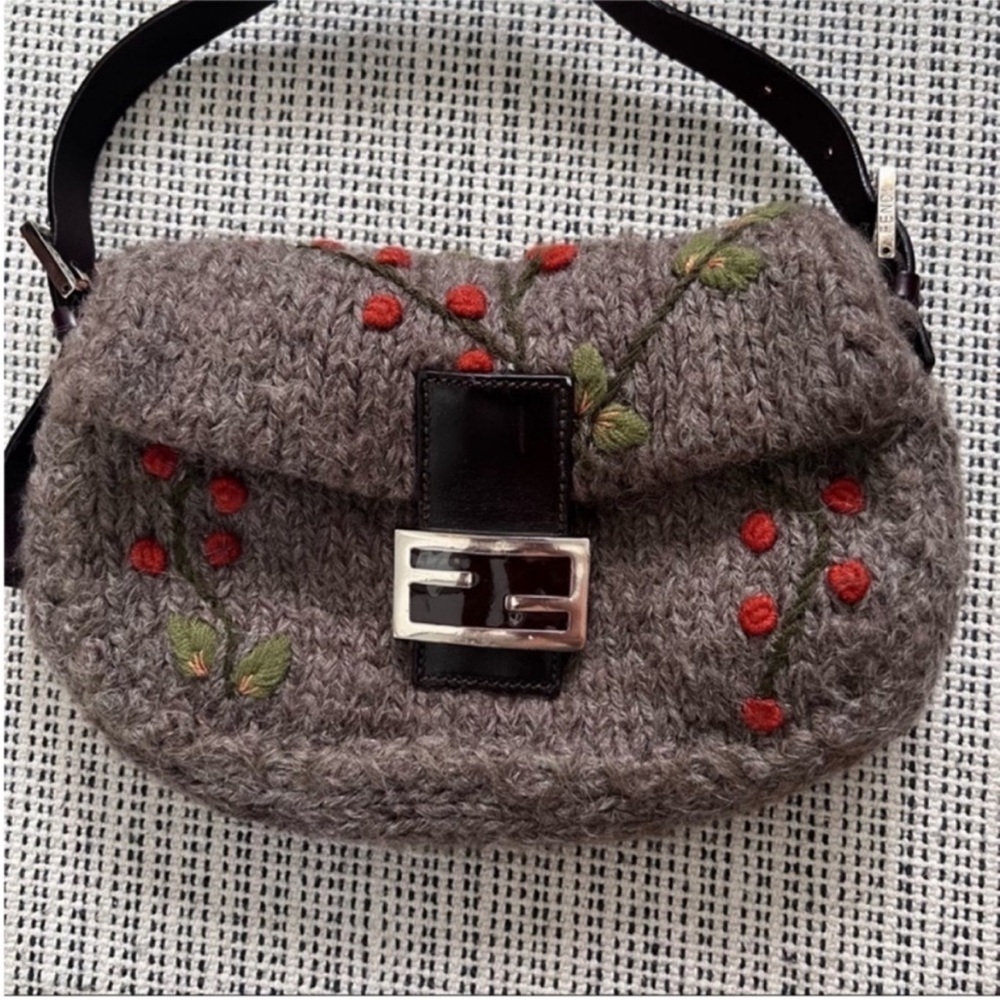 VINTAGE Fendi Baguette Knit Floral Crochet Brown Orange Green - Picture 4 of 13